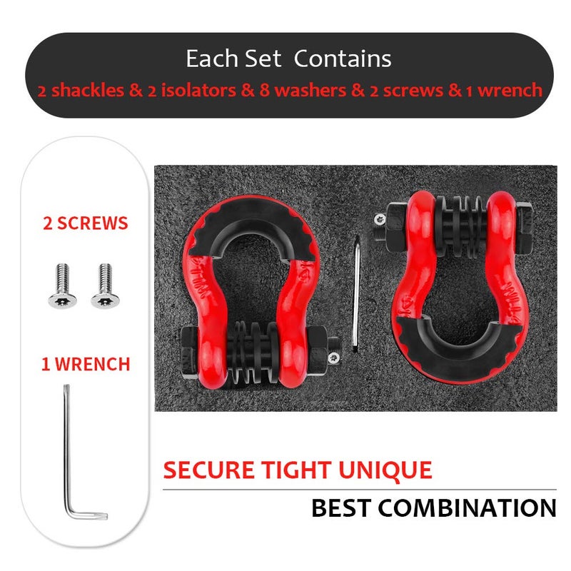 AMBULL Shackles 3/4" D Ring Shackle (2 Pack) 45,000lb Break Strength with 7/8" Pin, Anti Theft Security Screws, Isolator & Washer Kits for Use with Tow Strap Winch Truck Vehicle Recovery, Red - Image 4